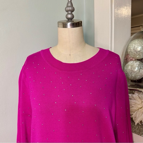 DKNY Pink Studded Crewneck Sweater Donna Karan Embellished Electric Pink Medium - Picture 6 of 15